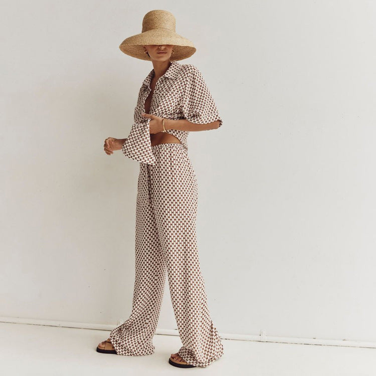 YUNA – Geometric Print Shirt & Wide Trousers Set