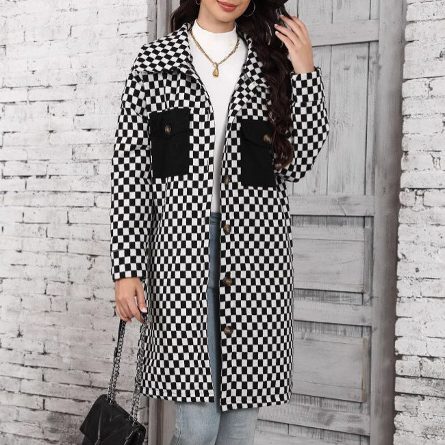 VENNAM -  Women's Long Checkerboard Pattern Coat