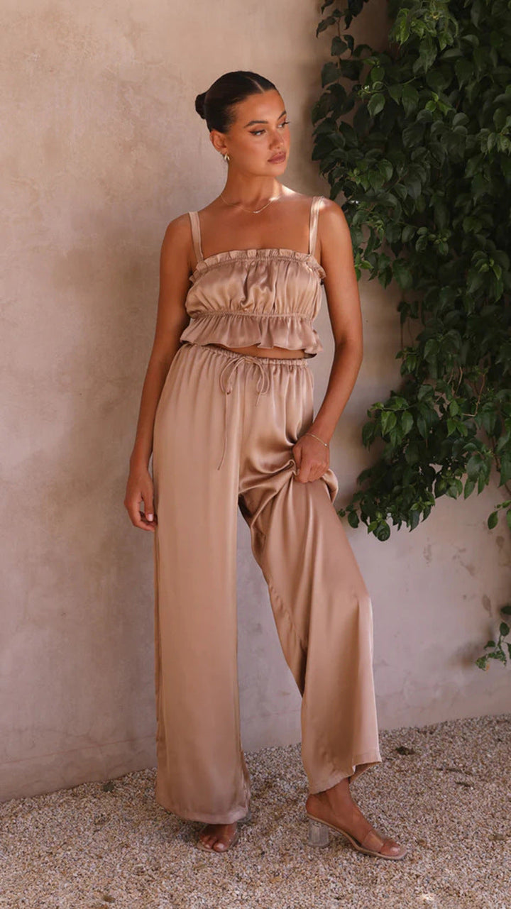 YUKIO - Women's Ruffle Crop Top & Wide-Leg Pant Set