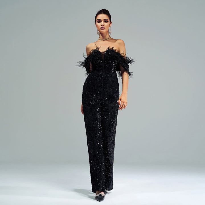 YOTEI - Off-Shoulder Sequin Jumpsuit with Feather Trim