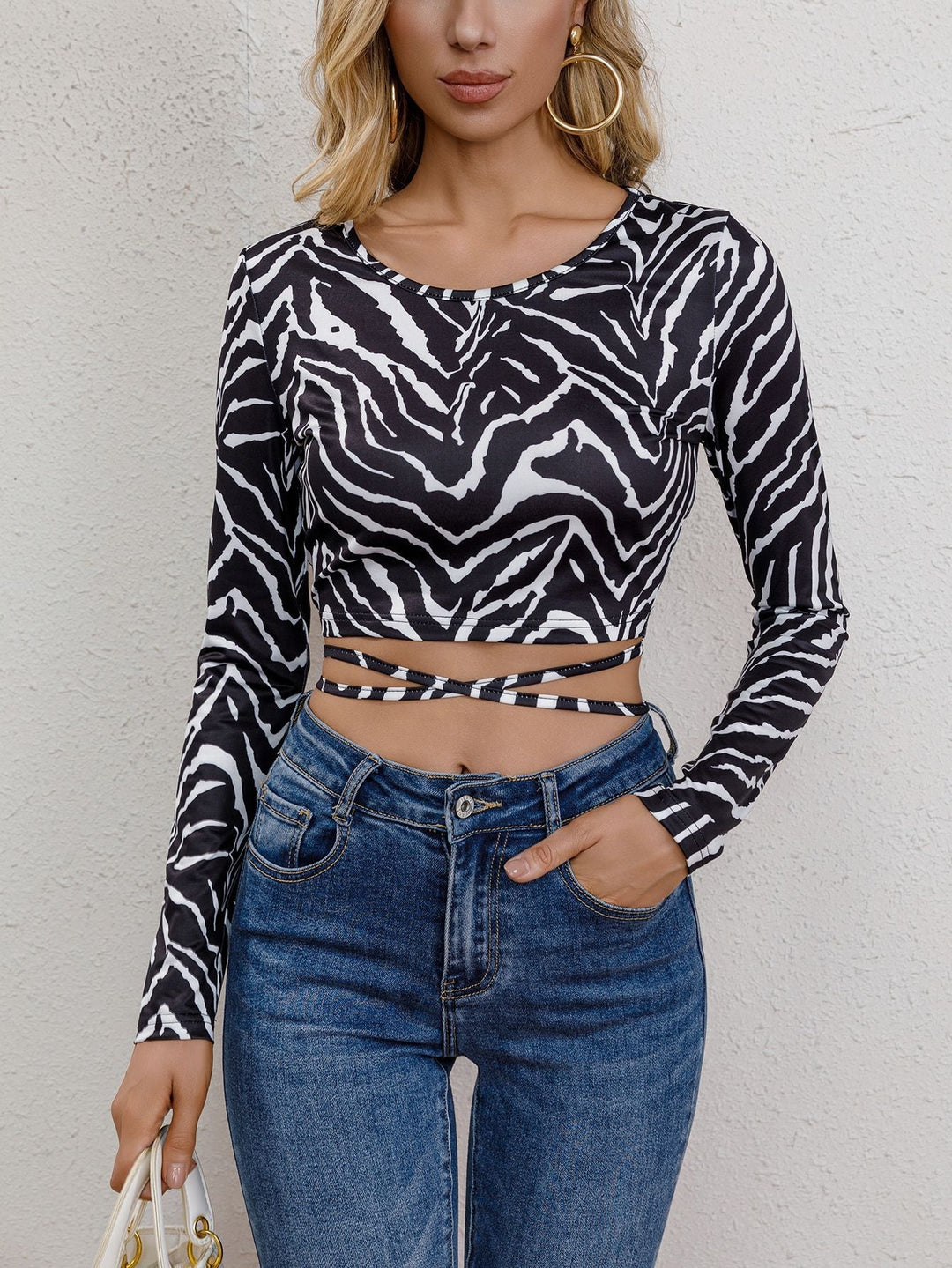 KIMEI - Zebra Print Wrap Crop Top