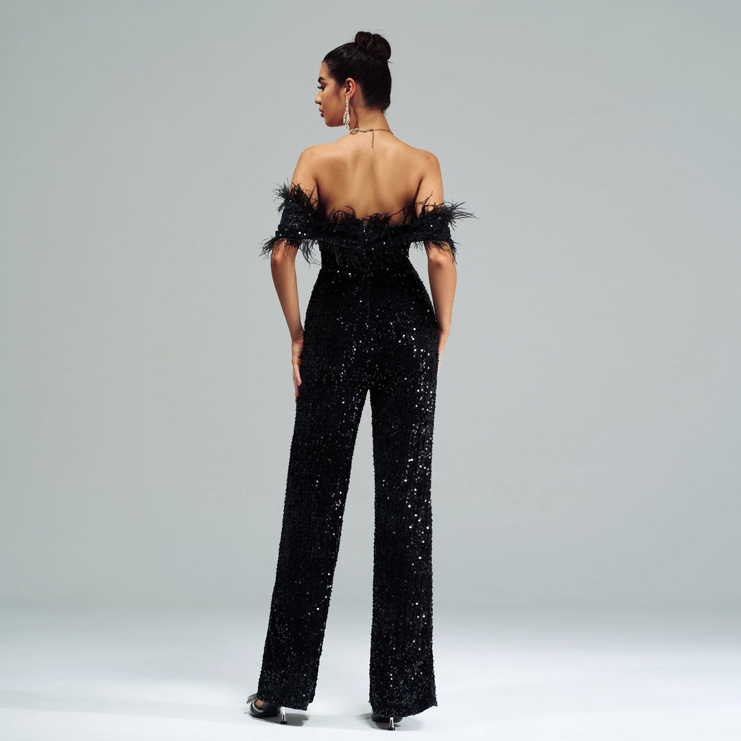 YOTEI - Off-Shoulder Sequin Jumpsuit with Feather Trim