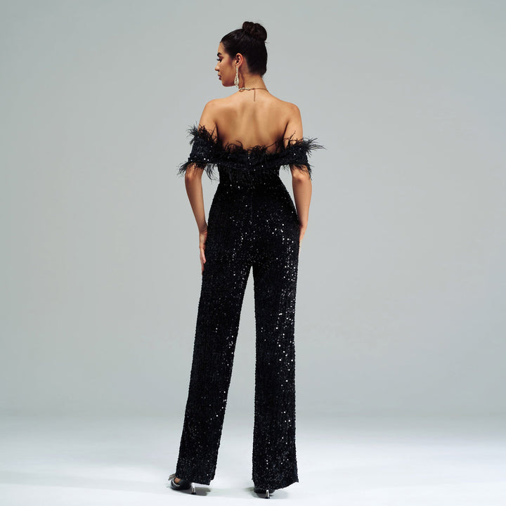 YOTEI - Off-Shoulder Sequin Jumpsuit with Feather Trim