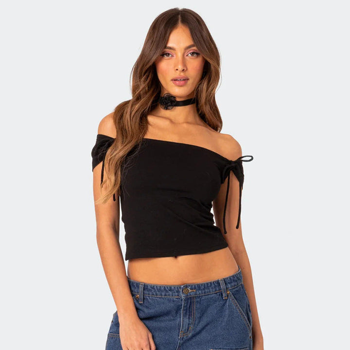 LANTHE - Off-Shoulder Tie Sleeve Crop Top