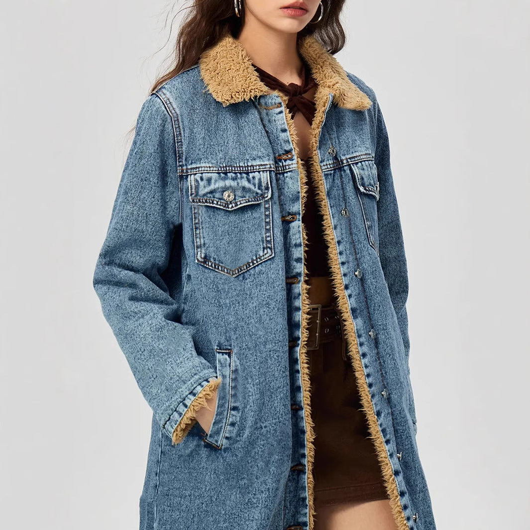 SENAI – Long Denim Coat with Vegan Fur