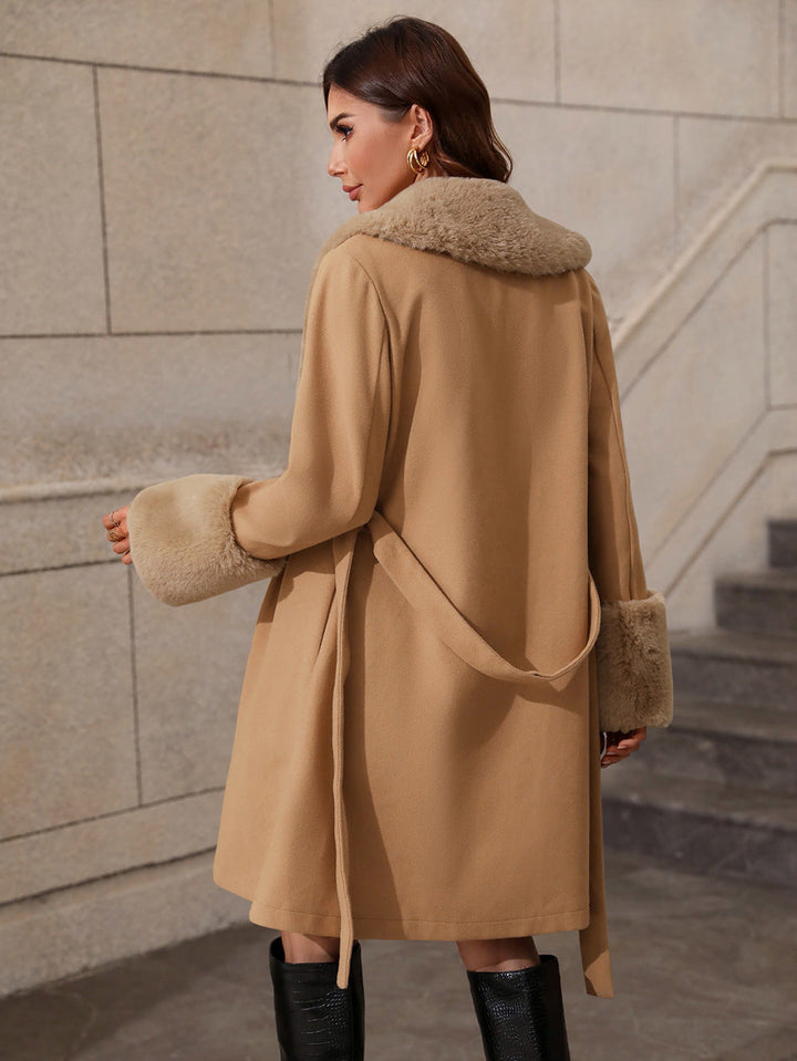 MASOM - Women's Vegan Wool Coat with Faux Fur Collar