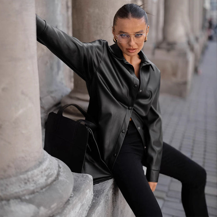 JAYLIN – Faux Leather Snap-Up Shirt