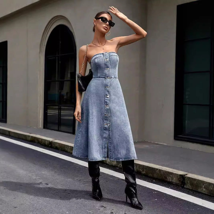 RIVER –  Strapless Button-Front Denim Dress