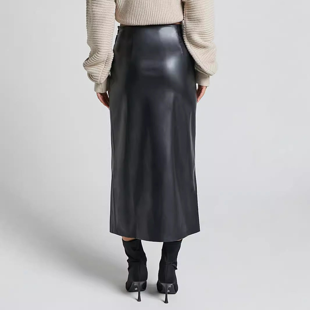 REVIR – High-Waisted Midi Skirt in Vegan Leather
