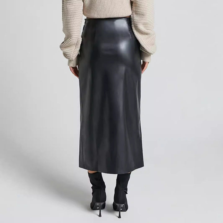 REVIR – High-Waisted Midi Skirt in Vegan Leather