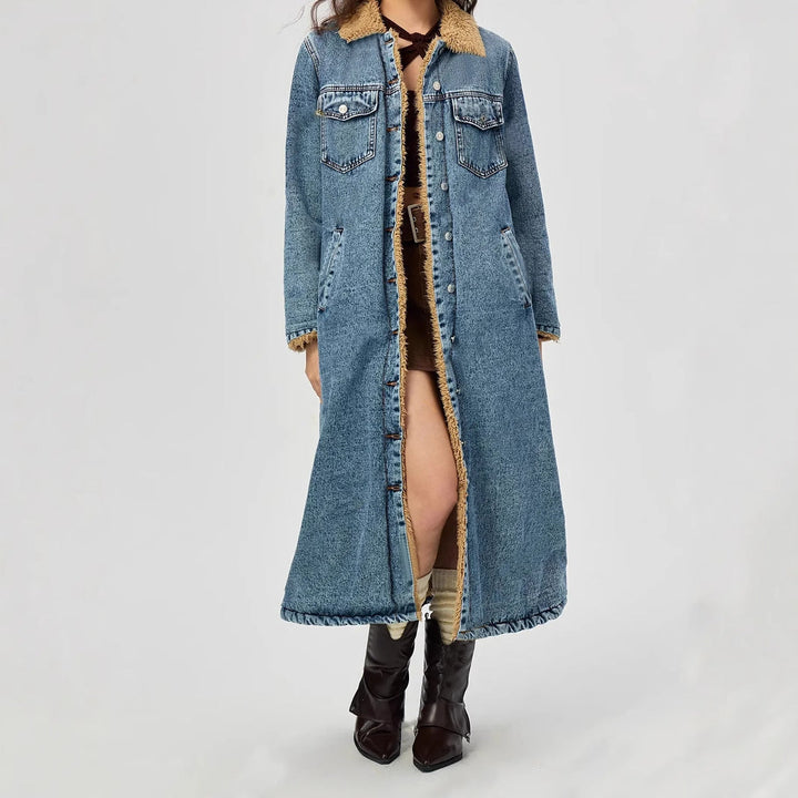 SENAI – Long Denim Coat with Vegan Fur