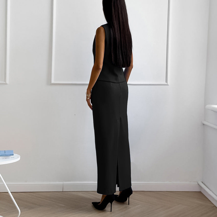 SELYNE - Black Sleeveless Vest Skirt Set