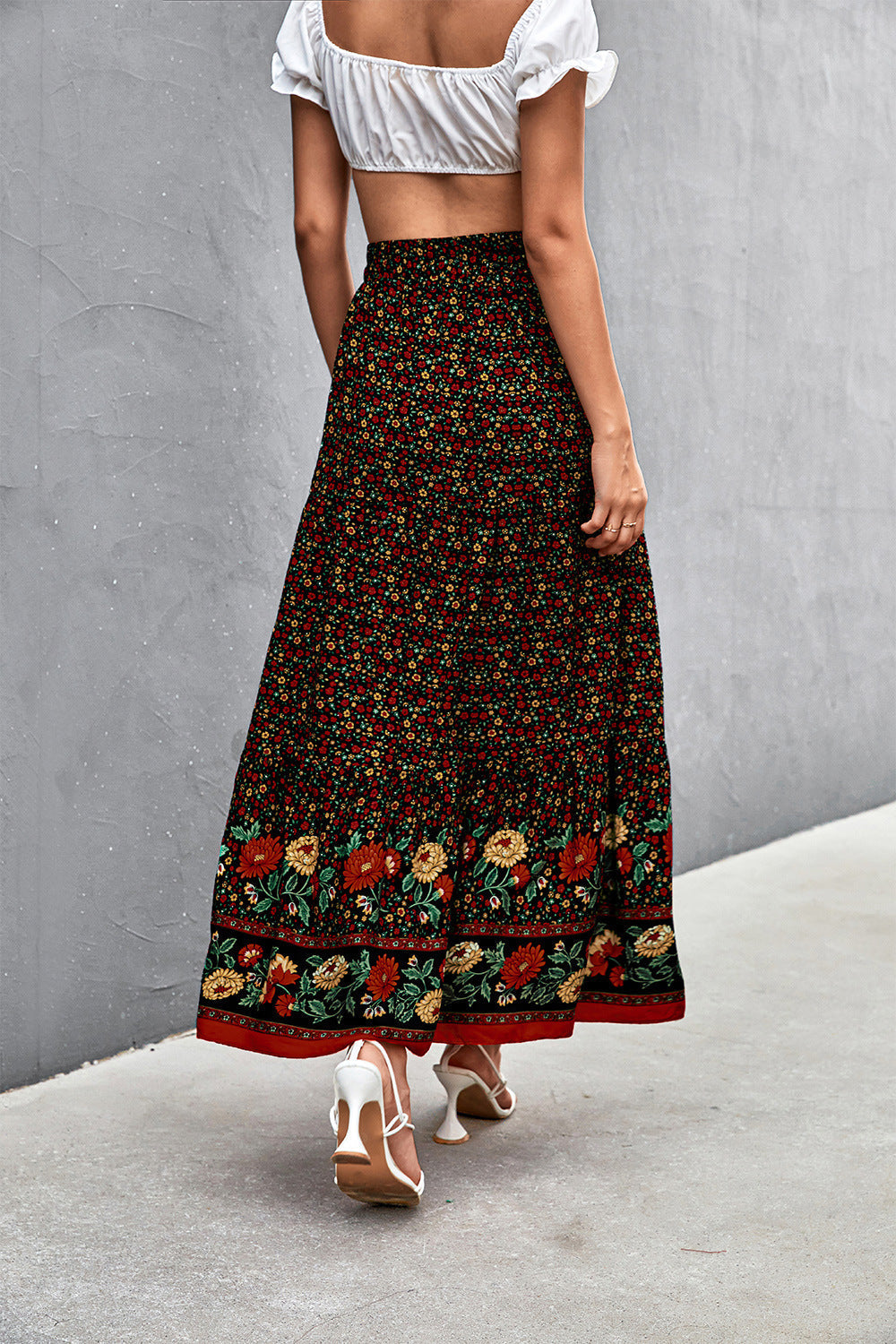 MAREE - Women's Bohemian Red Floral Maxi Skirt
