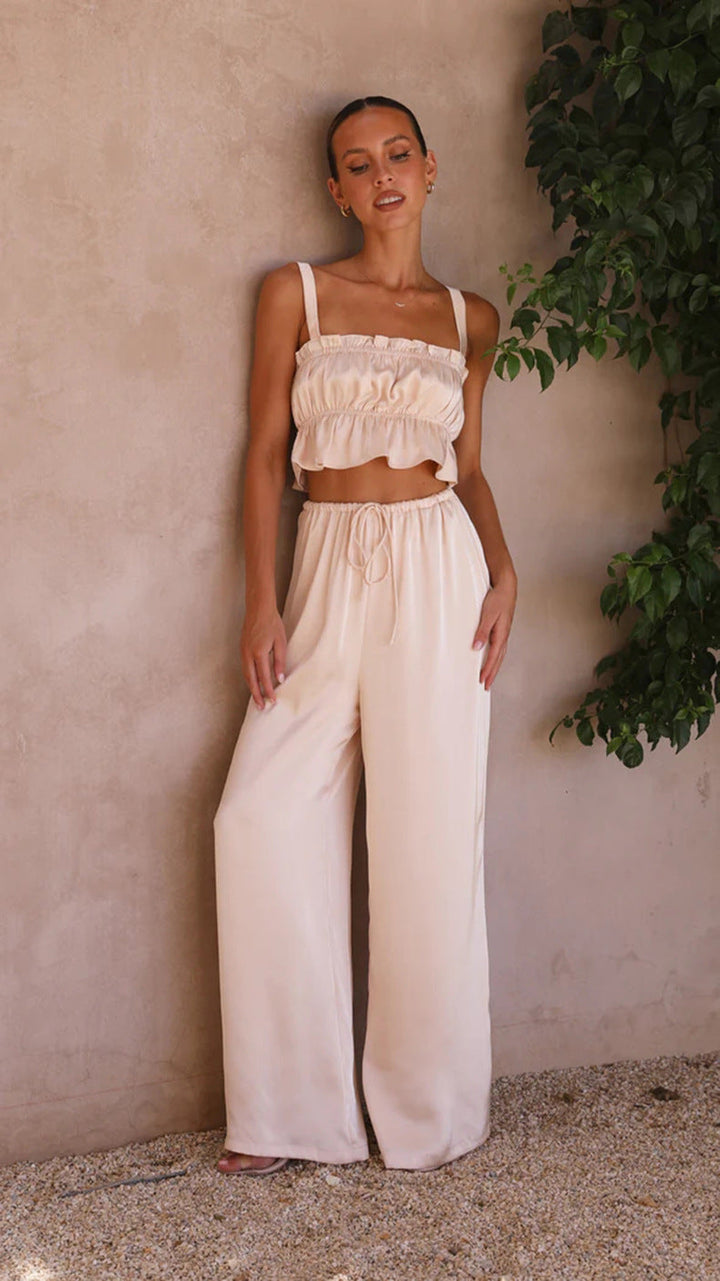 YUKIO - Women's Ruffle Crop Top & Wide-Leg Pant Set