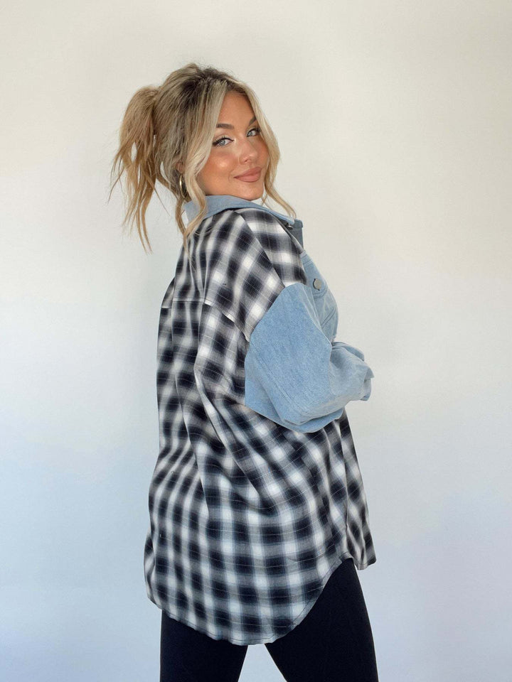 MUMBI -  Women's Denim-Plaid Contrast Shirt