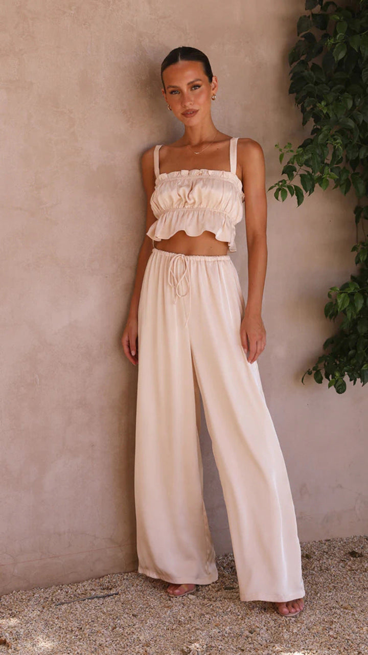 YUKIO - Women's Ruffle Crop Top & Wide-Leg Pant Set