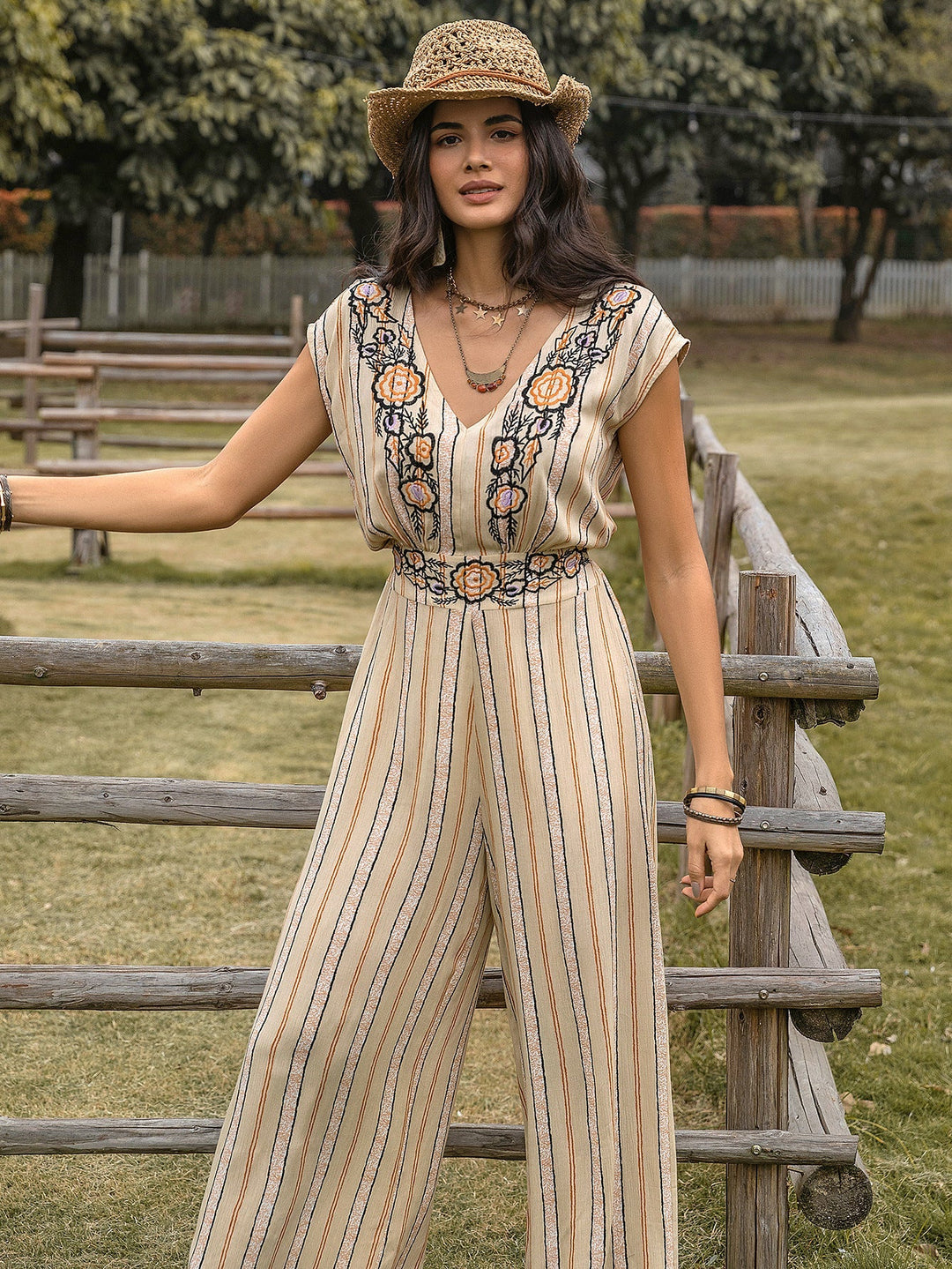 ISLA – Boho Striped Floral Embroidered Jumpsuit