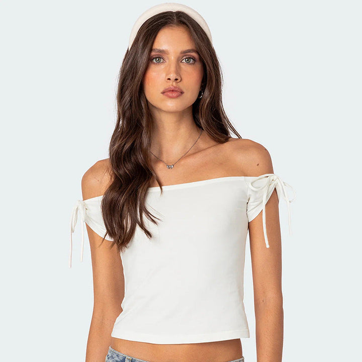 LANTHE - Off-Shoulder Tie Sleeve Crop Top