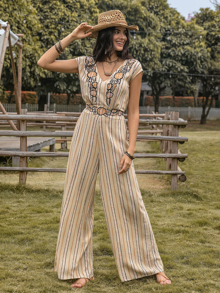 ISLA – Boho Striped Floral Embroidered Jumpsuit