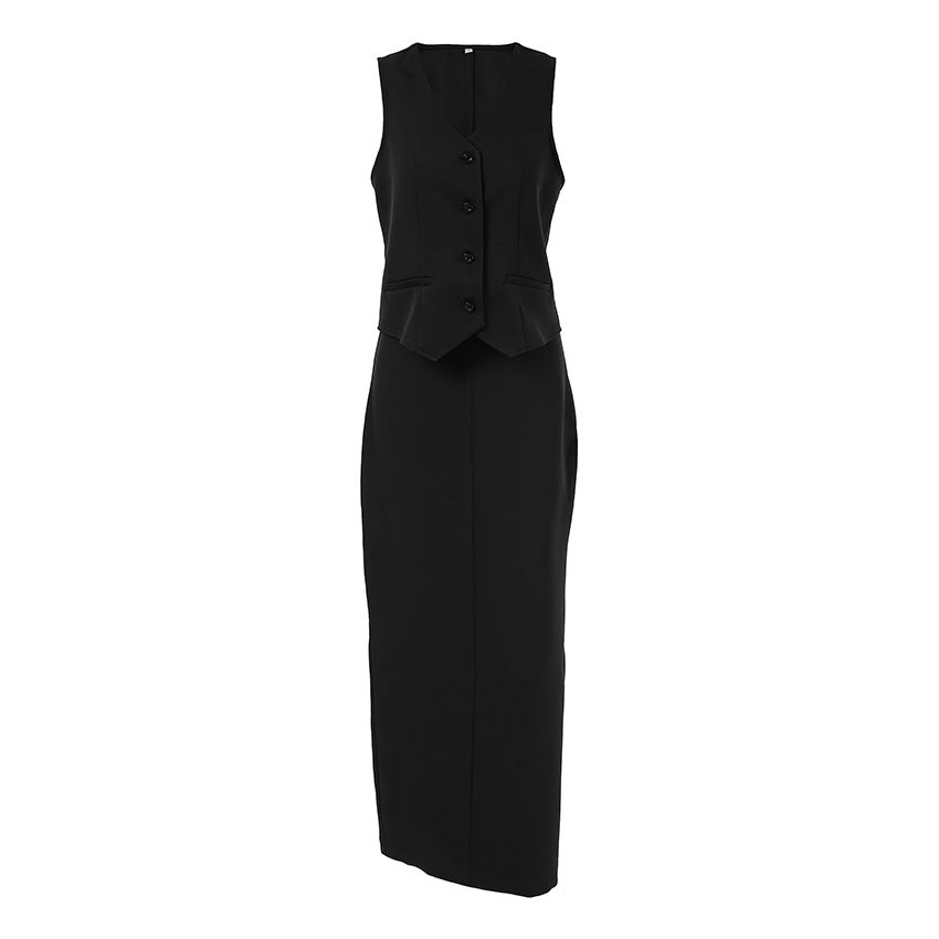 SELYNE - Black Sleeveless Vest Skirt Set