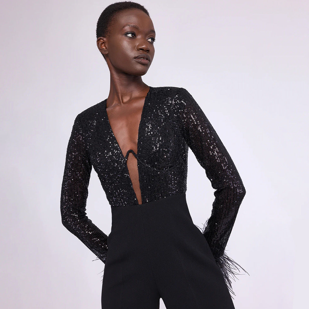 SEREN - Women's Black Sequin Jumpsuit with Feather Cuffs