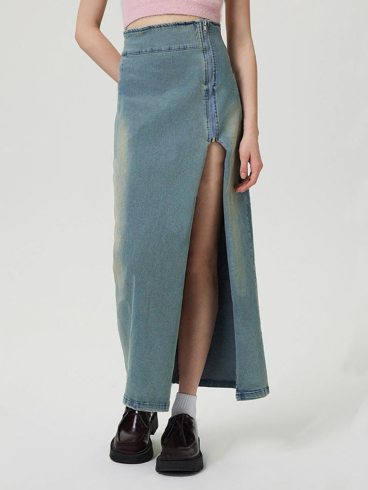 MINNA - Women’s High-Waisted Denim Maxi Skirt with Slit