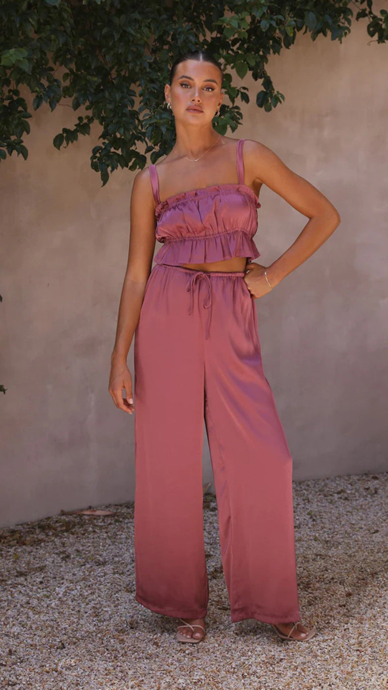 YUKIO - Women's Ruffle Crop Top & Wide-Leg Pant Set