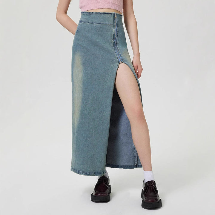 MINNA - Women’s High-Waisted Denim Maxi Skirt with Slit