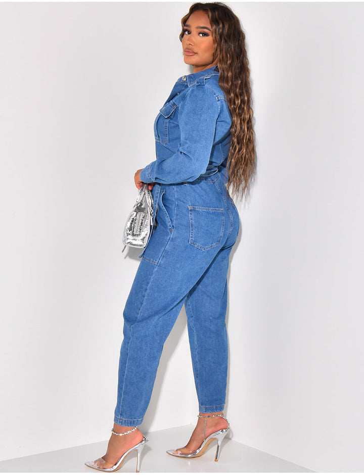 SAGE - Women's Denim Belted Jumpsuit