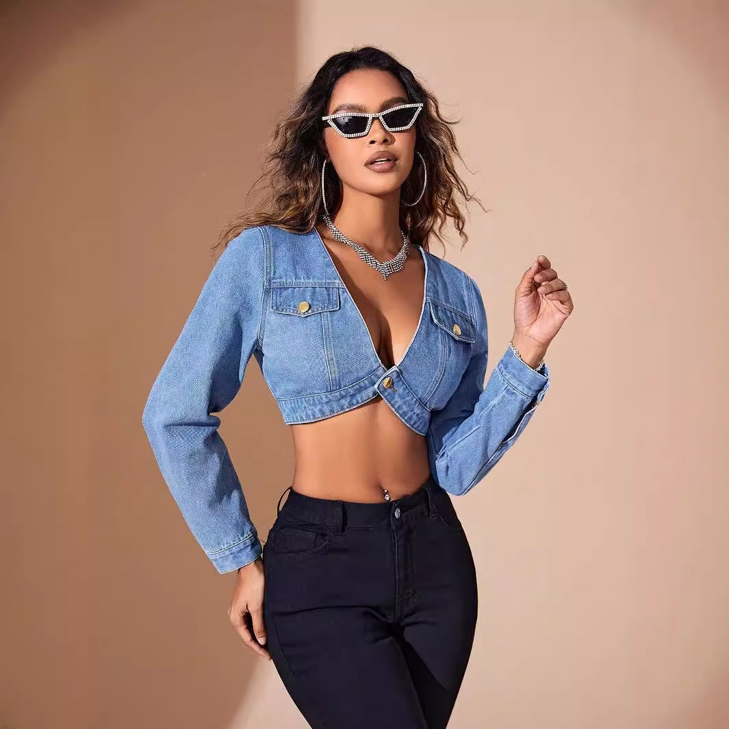 ZOLA – Cropped V-Neck Denim Jacket