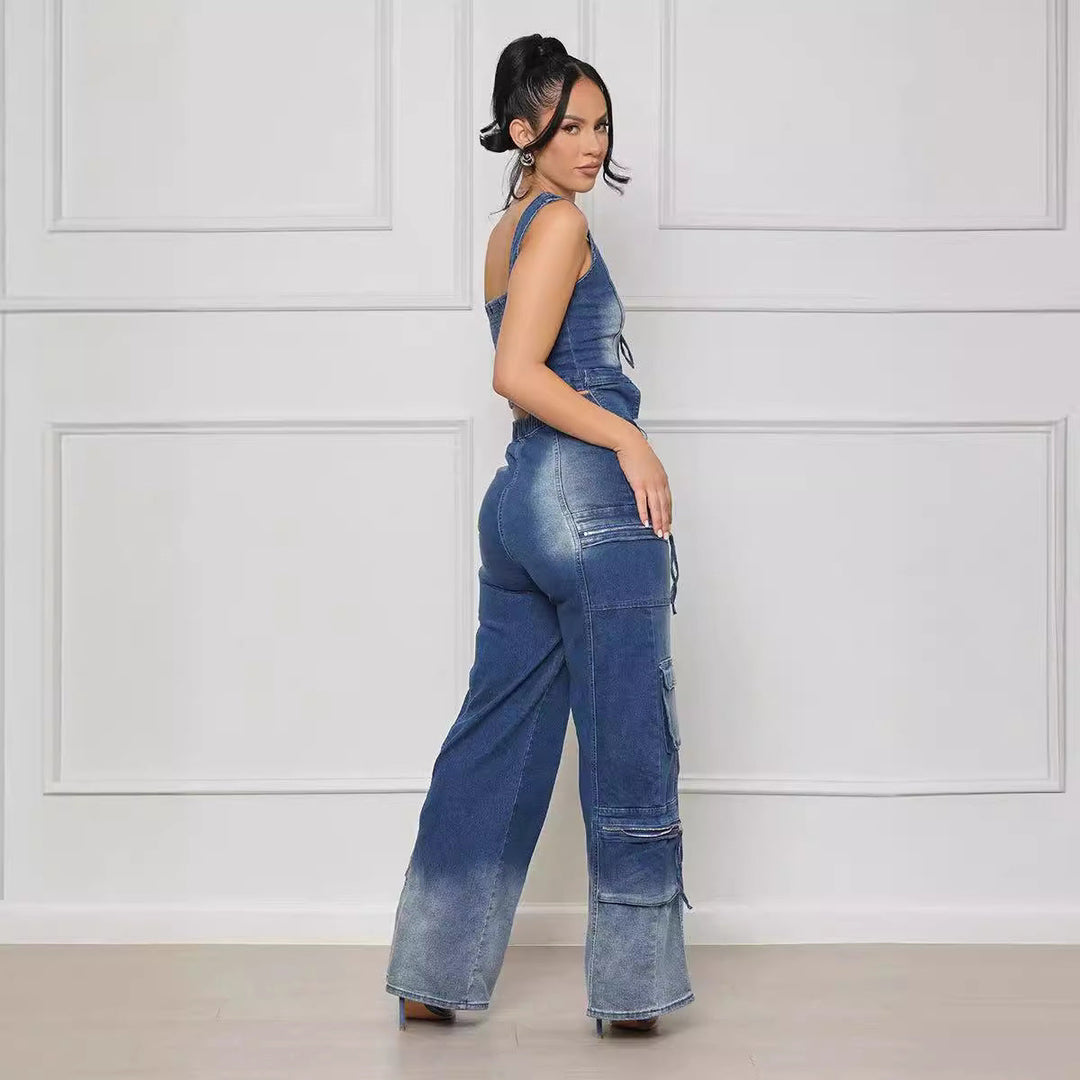 NEOMA - Women's Denim Crop Top & Cargo Pants Set