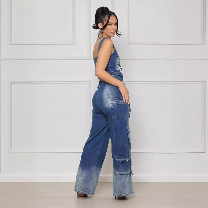 NEOMA - Women's Denim Crop Top & Cargo Pants Set