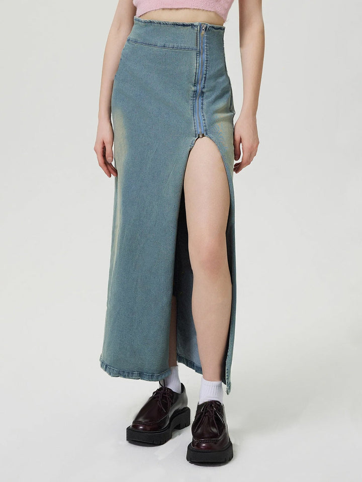 MINNA - Women’s High-Waisted Denim Maxi Skirt with Slit