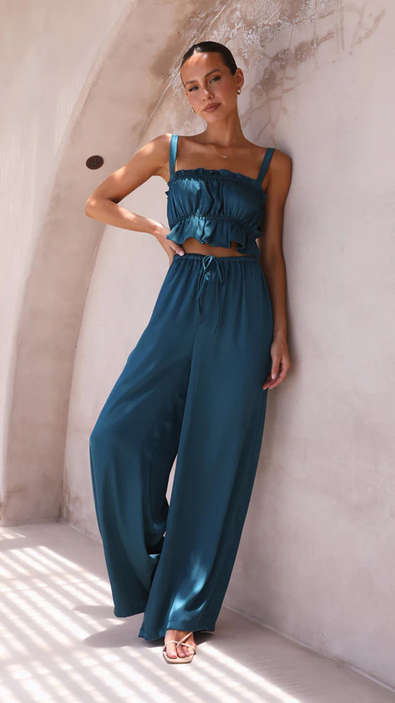 YUKIO - Women's Ruffle Crop Top & Wide-Leg Pant Set