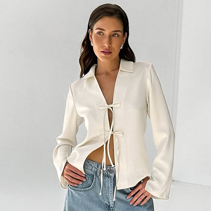 ELINA – White Tie-Front Blouse