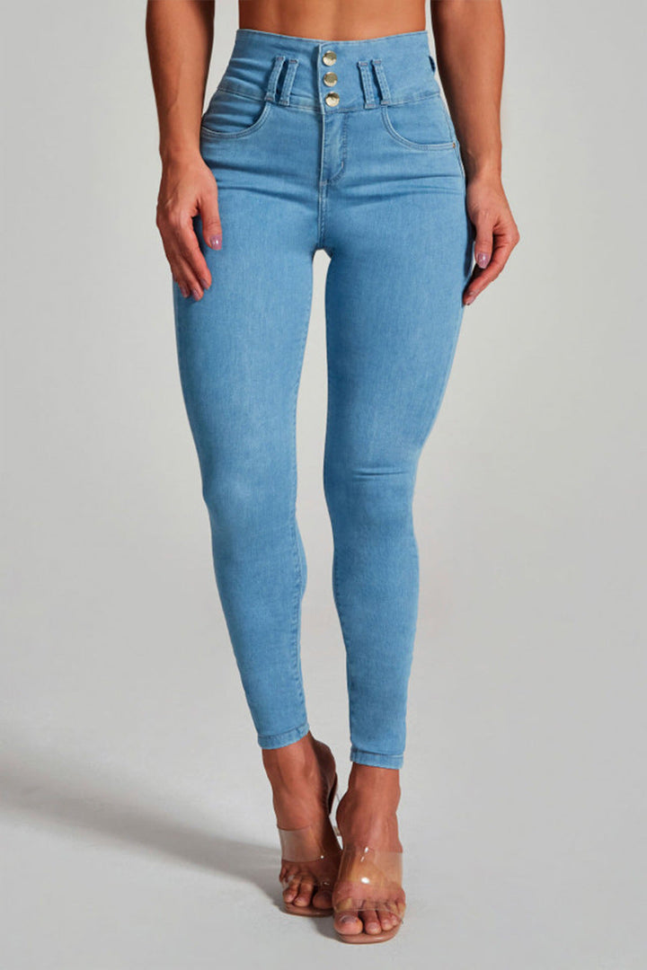 SUIT - High-Waisted Skinny Jeans with Button Detail