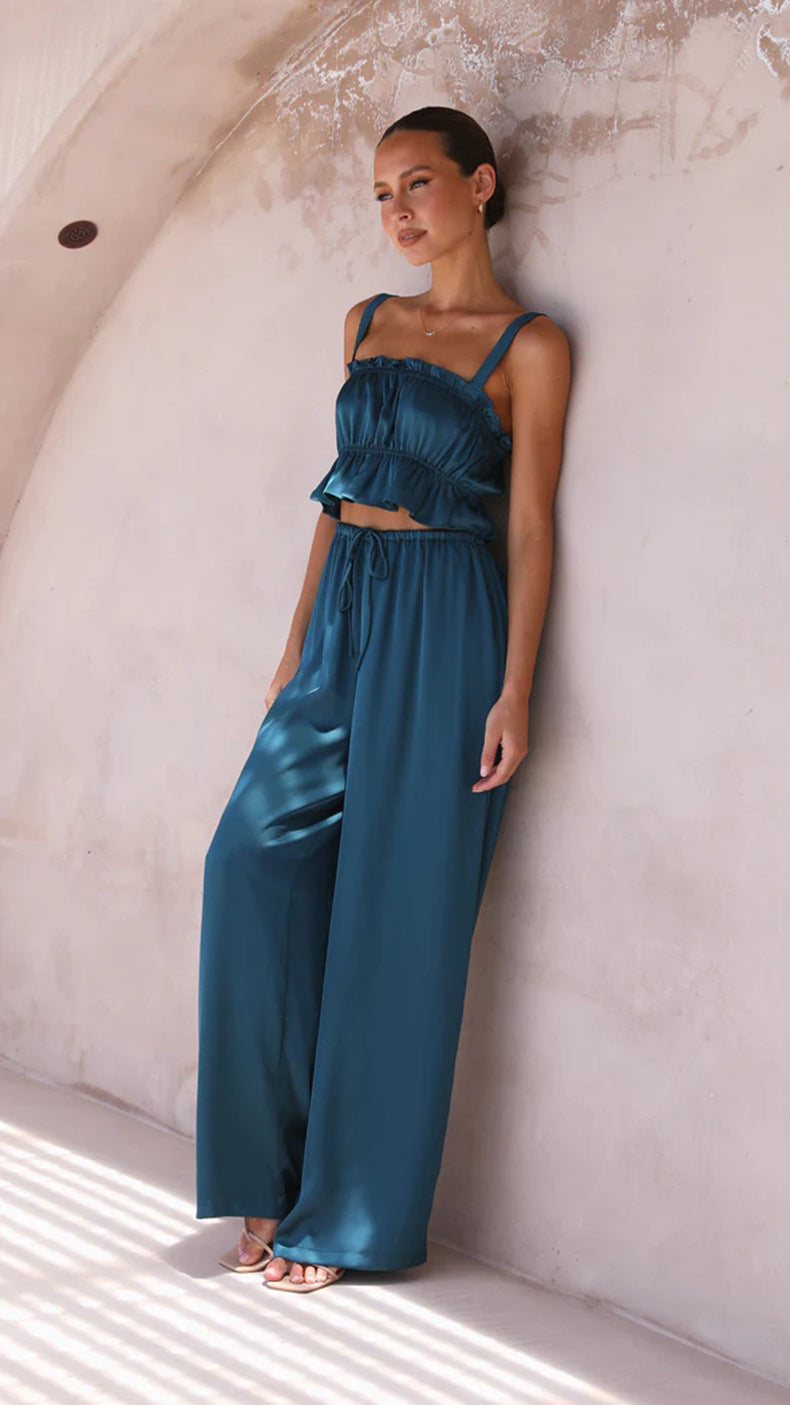 YUKIO - Women's Ruffle Crop Top & Wide-Leg Pant Set