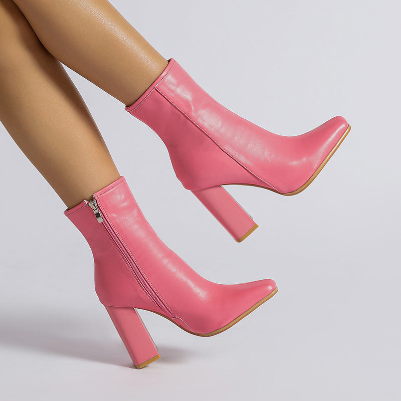 ARLETTE – Pink Pointed-Toe High-Heeled Ankle Boots