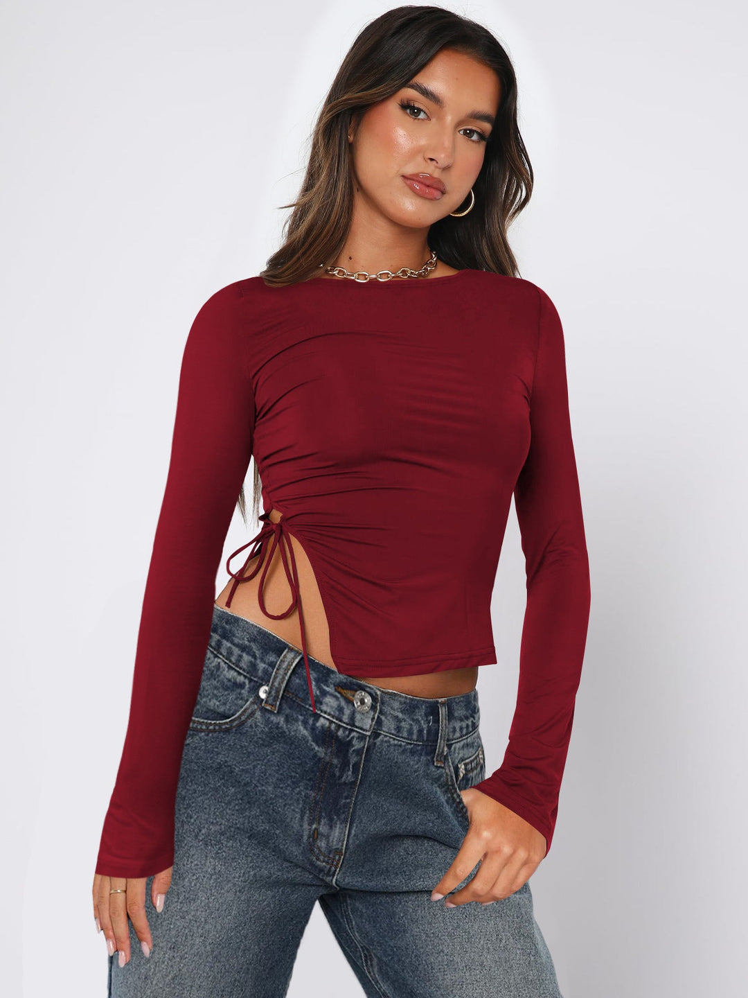 TAYA – Long Sleeve Crop Top with Side Ruching