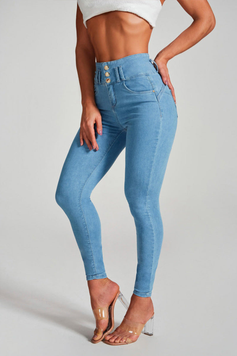SUIT - High-Waisted Skinny Jeans with Button Detail