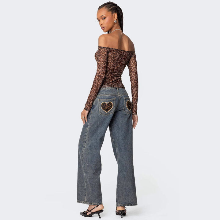 HART - Women’s Low-Waisted Wide-Leg Jeans with Leopard Heart Patches