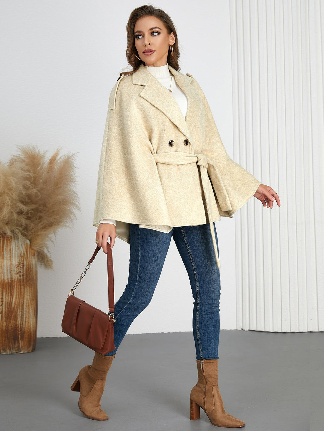 AMARA - Women's Vegan Wool Belted Beige Coat