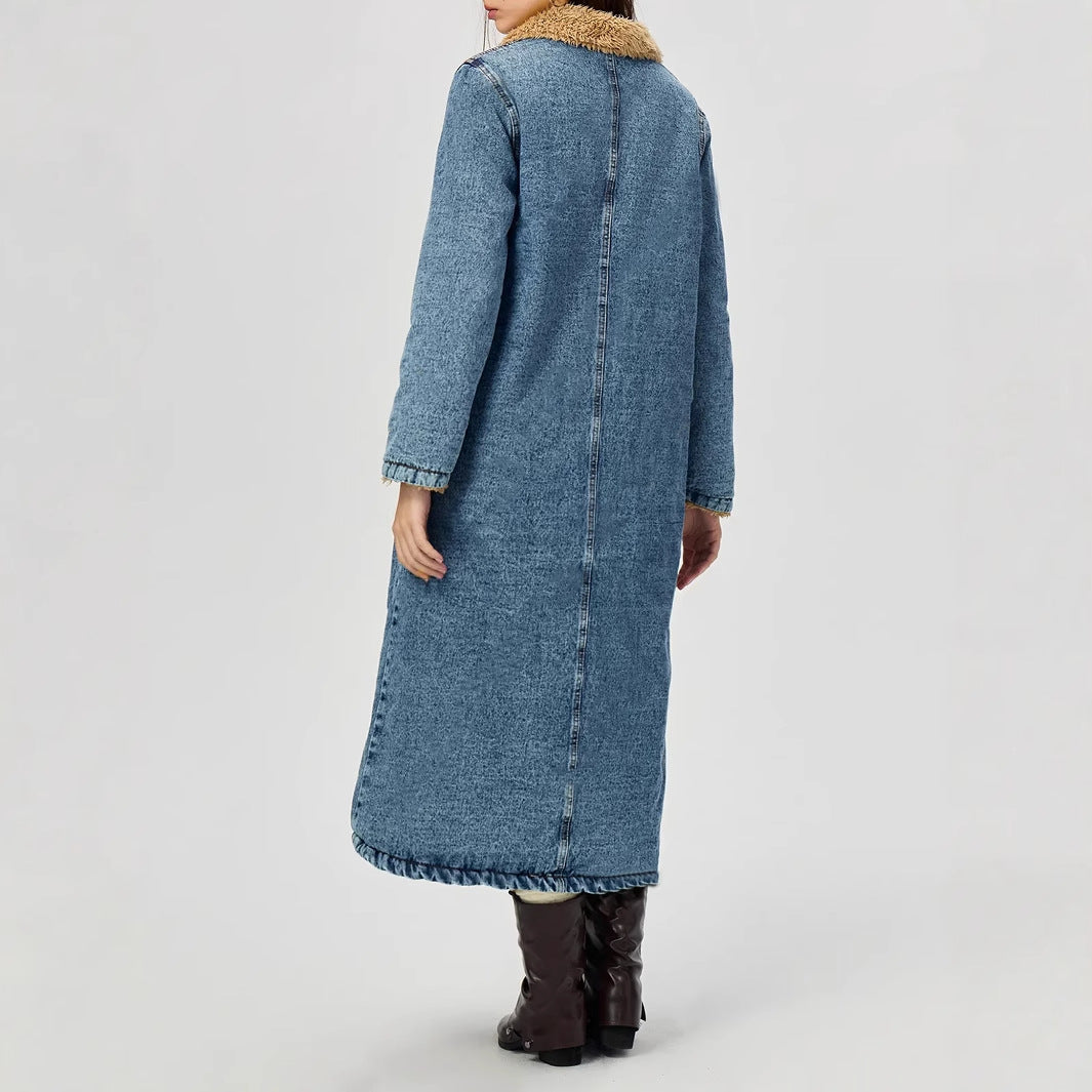 SENAI – Long Denim Coat with Vegan Fur