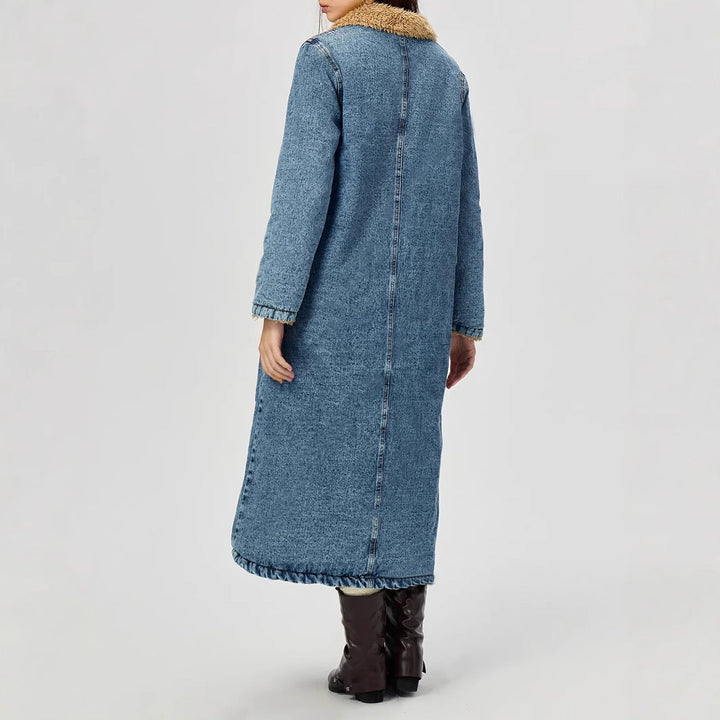 SENAI – Long Denim Coat with Vegan Fur