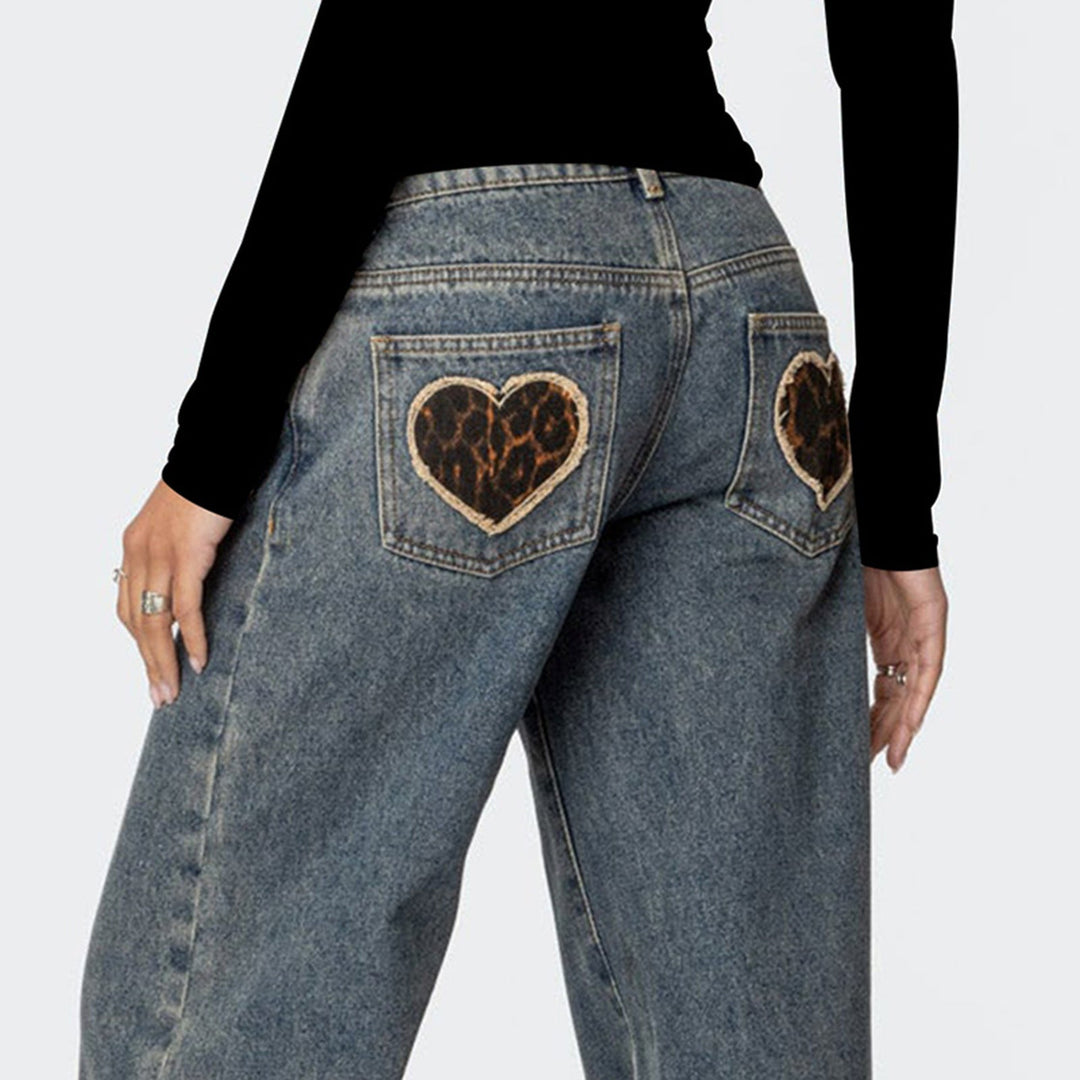 HART - Women’s Low-Waisted Wide-Leg Jeans with Leopard Heart Patches