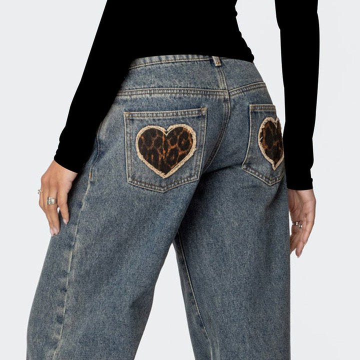 HART - Women’s Low-Waisted Wide-Leg Jeans with Leopard Heart Patches