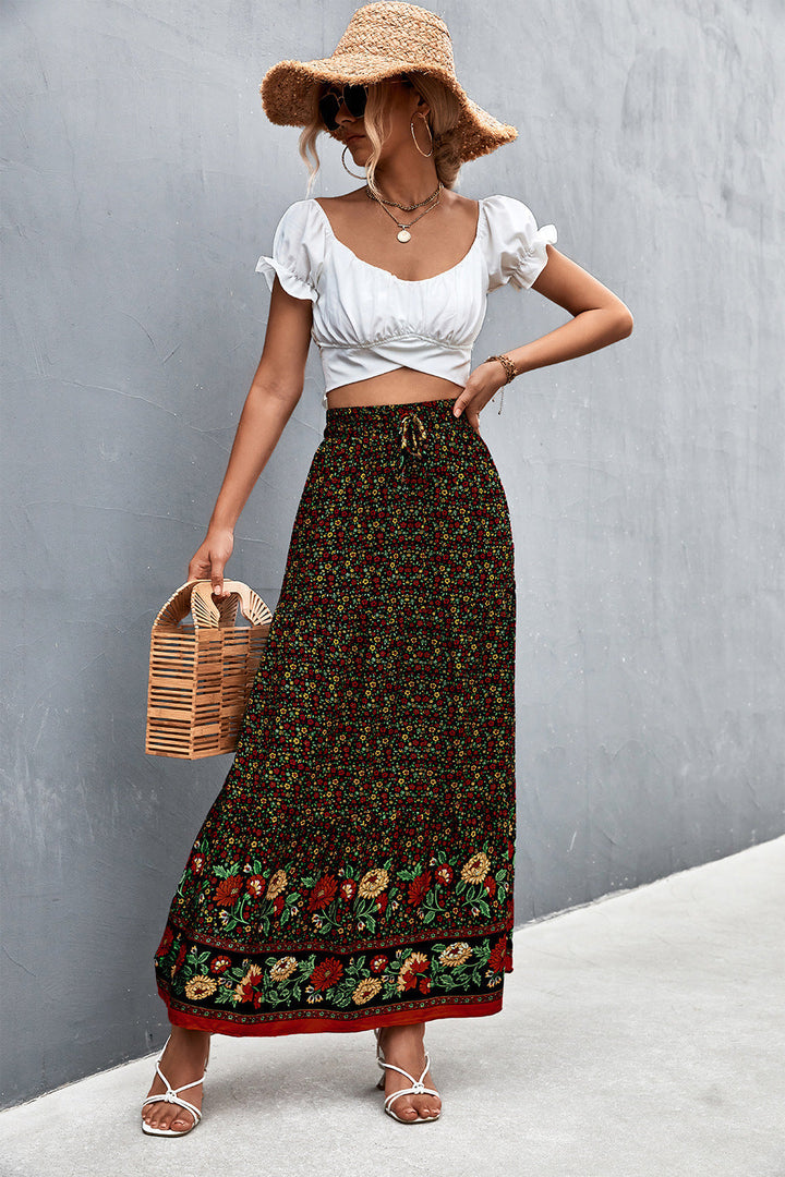 MAREE - Women's Bohemian Red Floral Maxi Skirt
