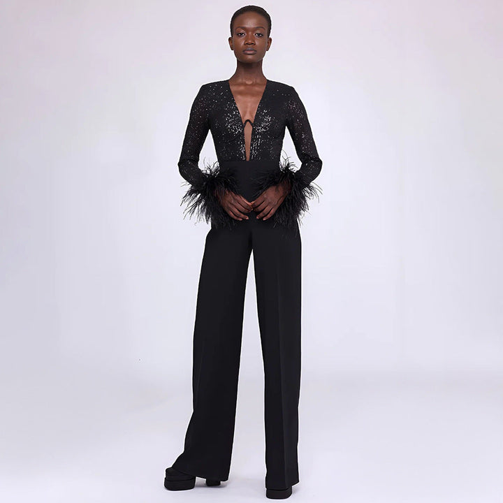 SEREN - Women's Black Sequin Jumpsuit with Feather Cuffs