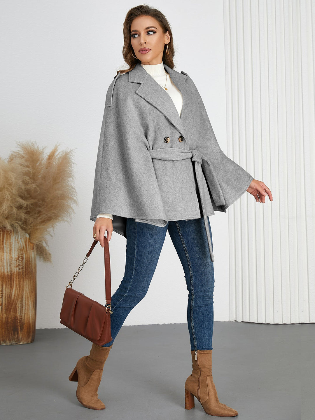 AMARA - Women's Vegan Wool Belted Beige Coat