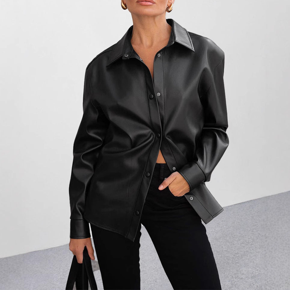 JAYLIN – Faux Leather Snap-Up Shirt